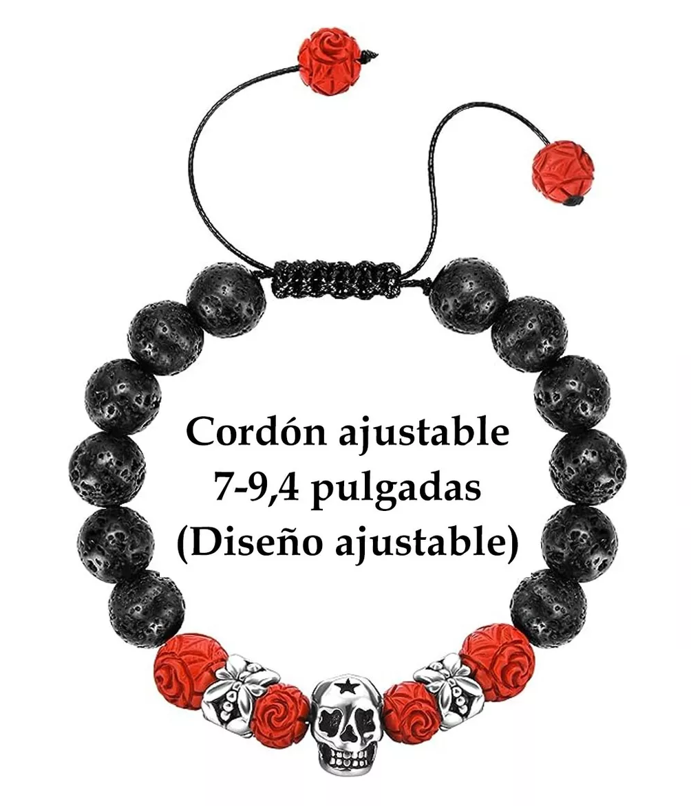 Foto 2 | Pulsera Calavera Vintage Piedra De Lava Ojo De Tigre Hombre, Rojo/negro