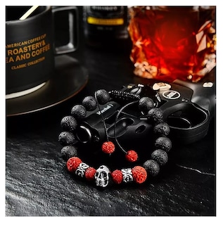 Foto 4 | Pulsera Calavera Vintage Piedra De Lava Ojo De Tigre Hombre, Rojo/negro