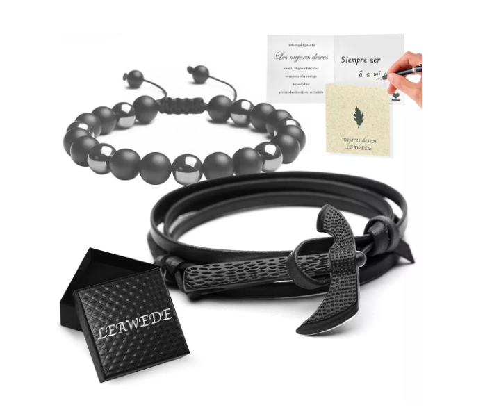 Brazalete De Cuentas Obsidiana Y Pulsera Hombre Hacha 2 Pzs Wünd