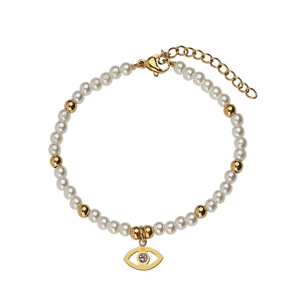 Pulseras Mujer De Perlas Con Dije Oro 18k, Brazalete Con Dije De Acero Inoxidable Baño Oro 18k Luckyly, Modelo Annie