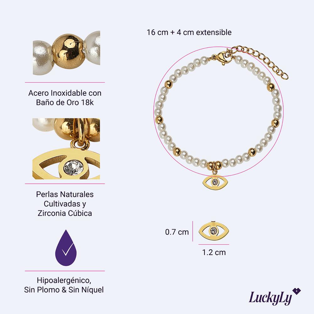 Foto 6 pulgar | Pulseras Mujer De Perlas Con Dije Oro 18k, Brazalete Con Dije De Acero Inoxidable Baño Oro 18k Luckyly, Modelo Annie