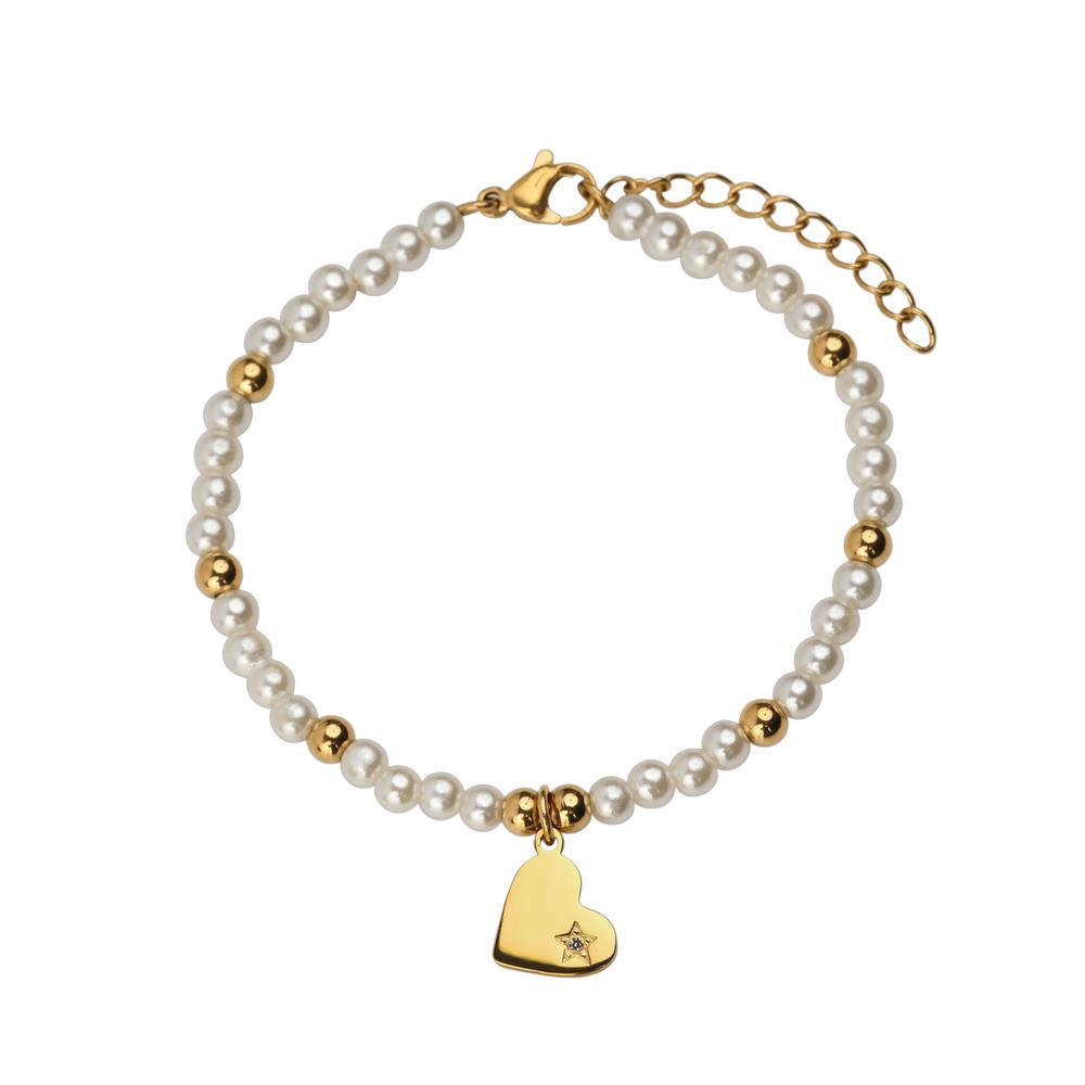 Pulseras Mujer De Perlas Con Dije Oro 18k, Brazalete Con Dije De Acero Inoxidable Baño Oro 18k Luckyly, Modelo Annie