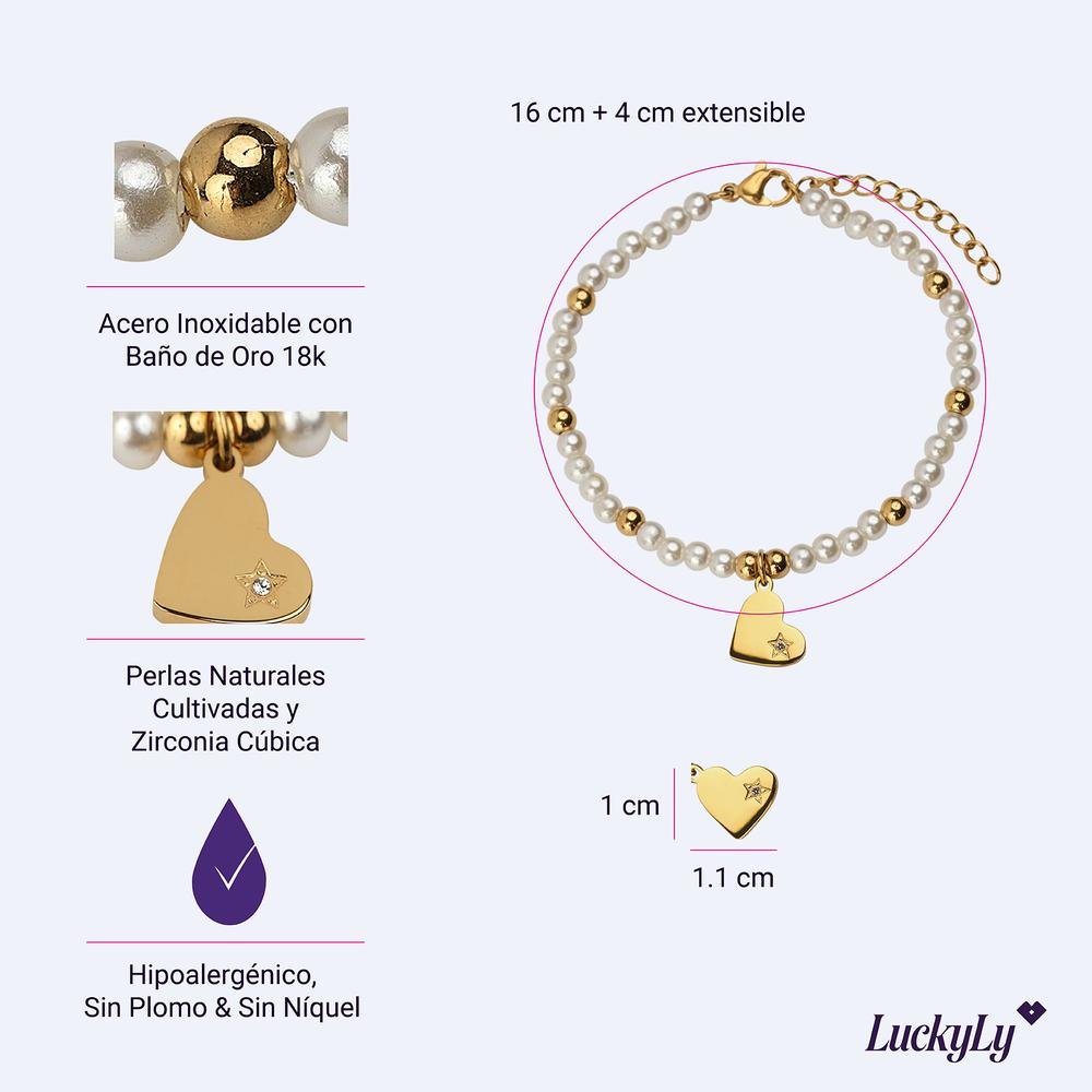 Foto 6 pulgar | Pulseras Mujer De Perlas Con Dije Oro 18k, Brazalete Con Dije De Acero Inoxidable Baño Oro 18k Luckyly, Modelo Annie