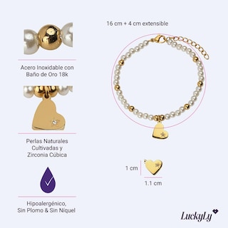 Foto 5 | Pulseras Mujer De Perlas Con Dije Oro 18k, Brazalete Con Dije De Acero Inoxidable Baño Oro 18k Luckyly, Modelo Annie