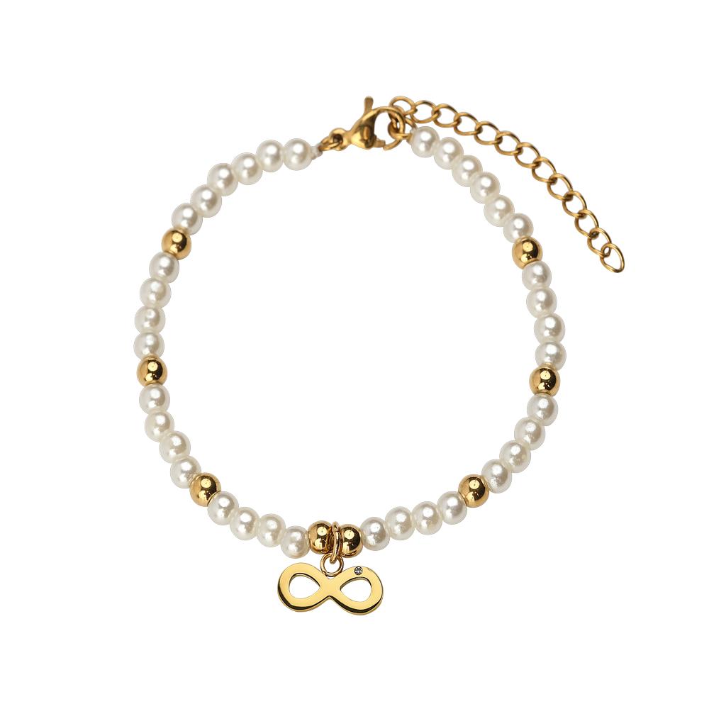 Pulseras Mujer De Perlas Con Dije Oro 18k, Brazalete Con Dije De Acero Inoxidable Baño Oro 18k Luckyly, Modelo Annie