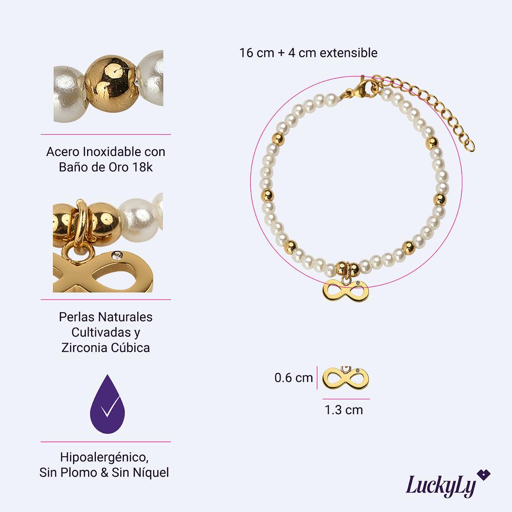 Foto 6 pulgar | Pulseras Mujer De Perlas Con Dije Oro 18k, Brazalete Con Dije De Acero Inoxidable Baño Oro 18k Luckyly, Modelo Annie