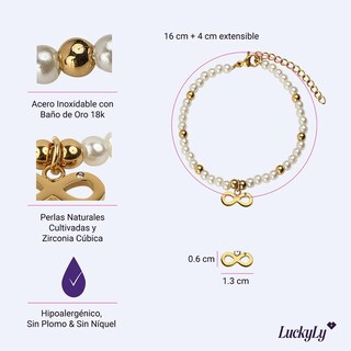 Foto 5 | Pulseras Mujer De Perlas Con Dije Oro 18k, Brazalete Con Dije De Acero Inoxidable Baño Oro 18k Luckyly, Modelo Annie