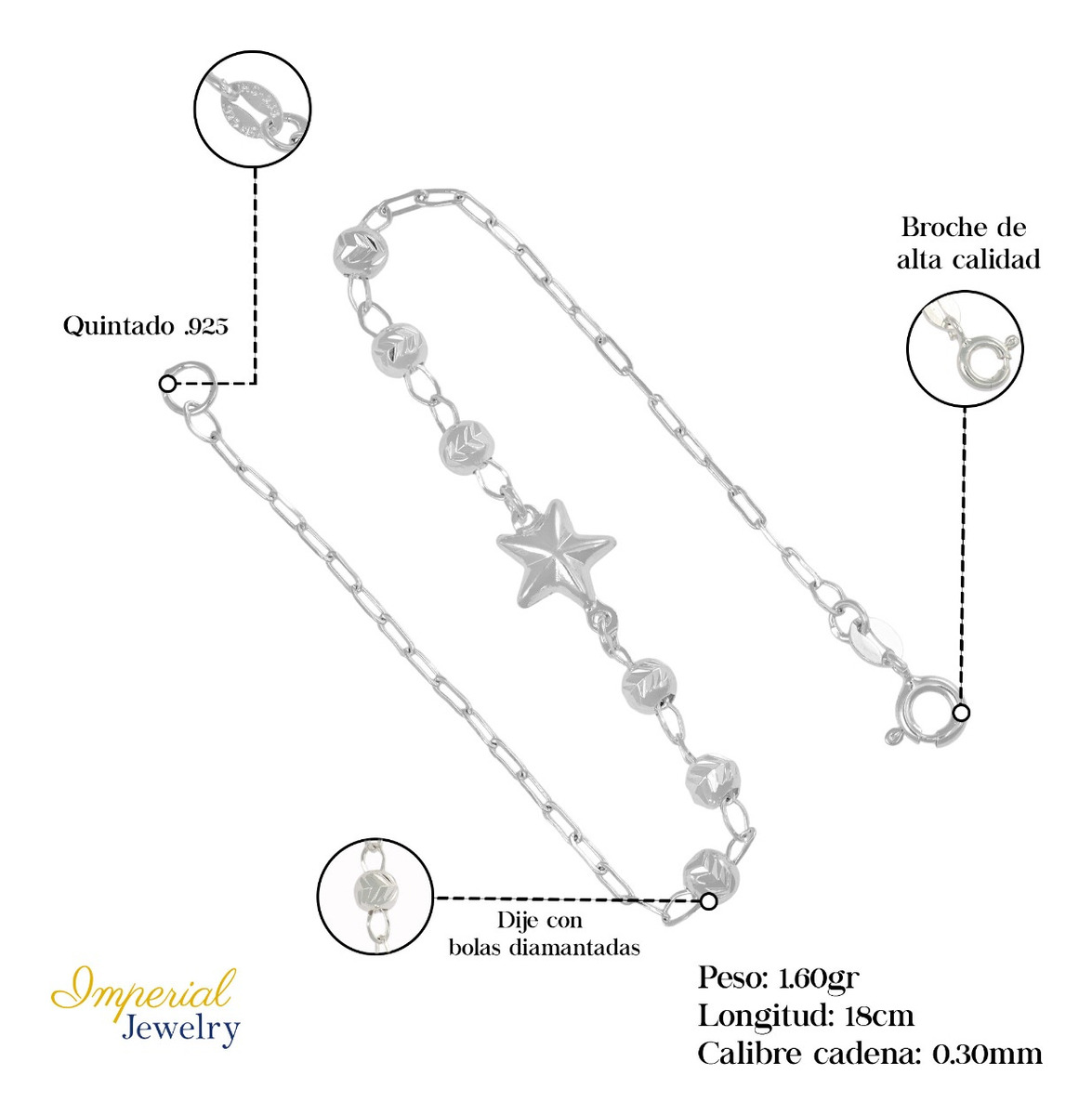 Foto 3 pulgar | Pulsera De Plata 925 Con Estrella Y Bola Diamantada 18 Cm