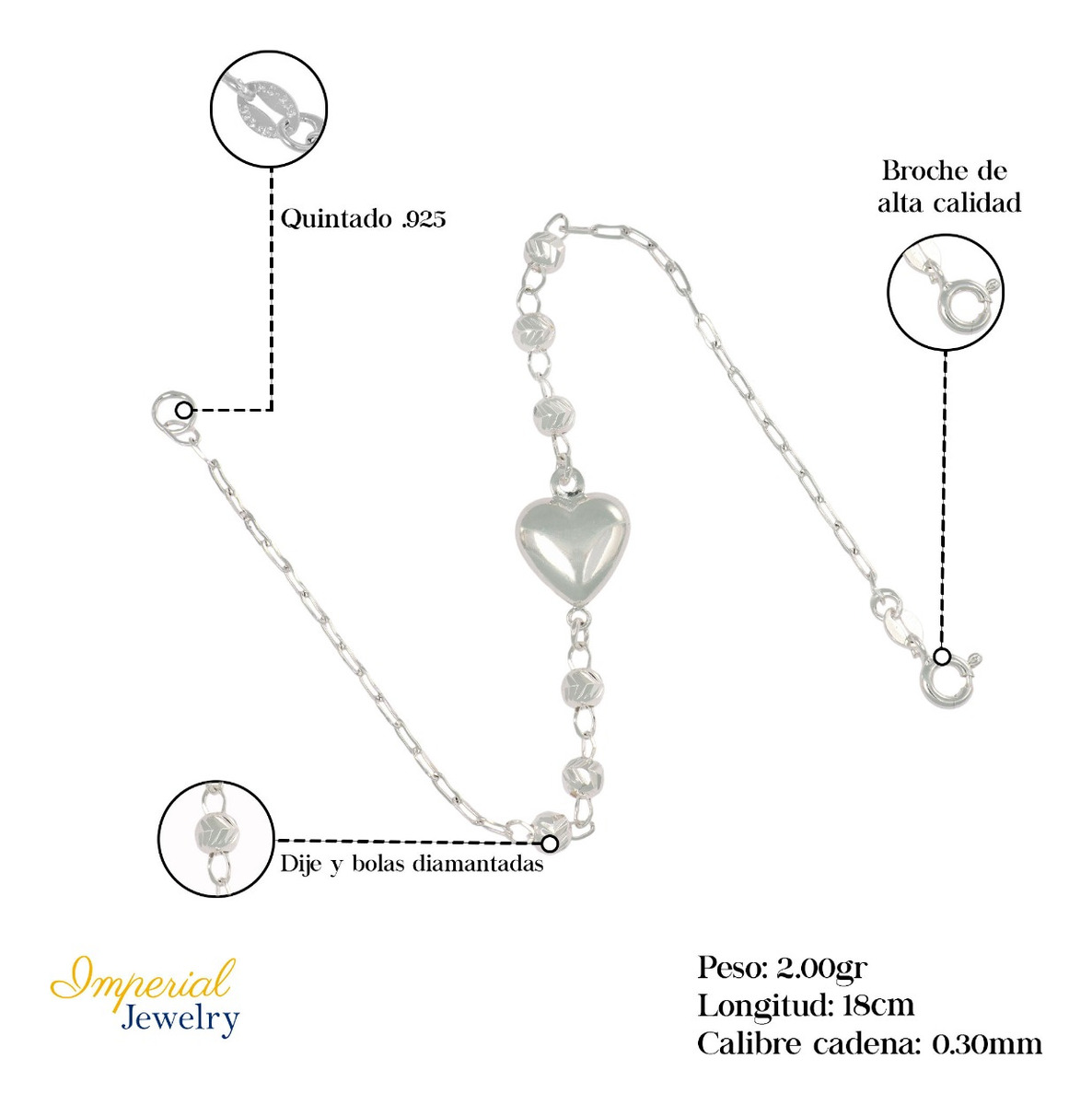 Foto 2 | Pulsera De Plata 925 Con Corazon Y  Bola Diamantada 18 Cm