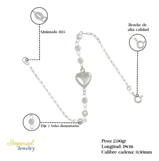 Foto 2 | Pulsera De Plata 925 Con Corazon Y Bola Diamantada 18 Cm