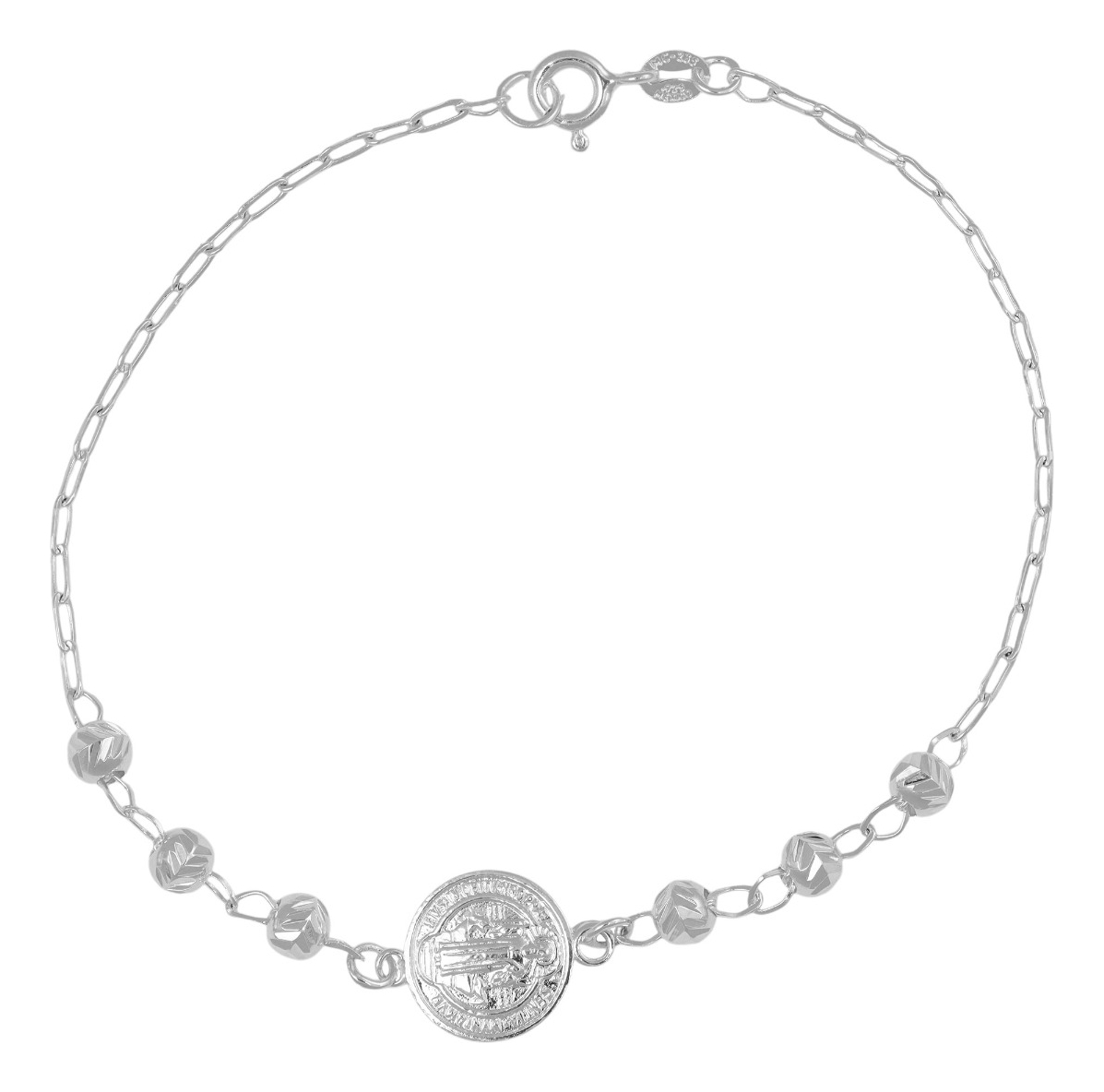 Pulsera De Plata 925 Con Medalla De San Benito Y Bola 18 Cm