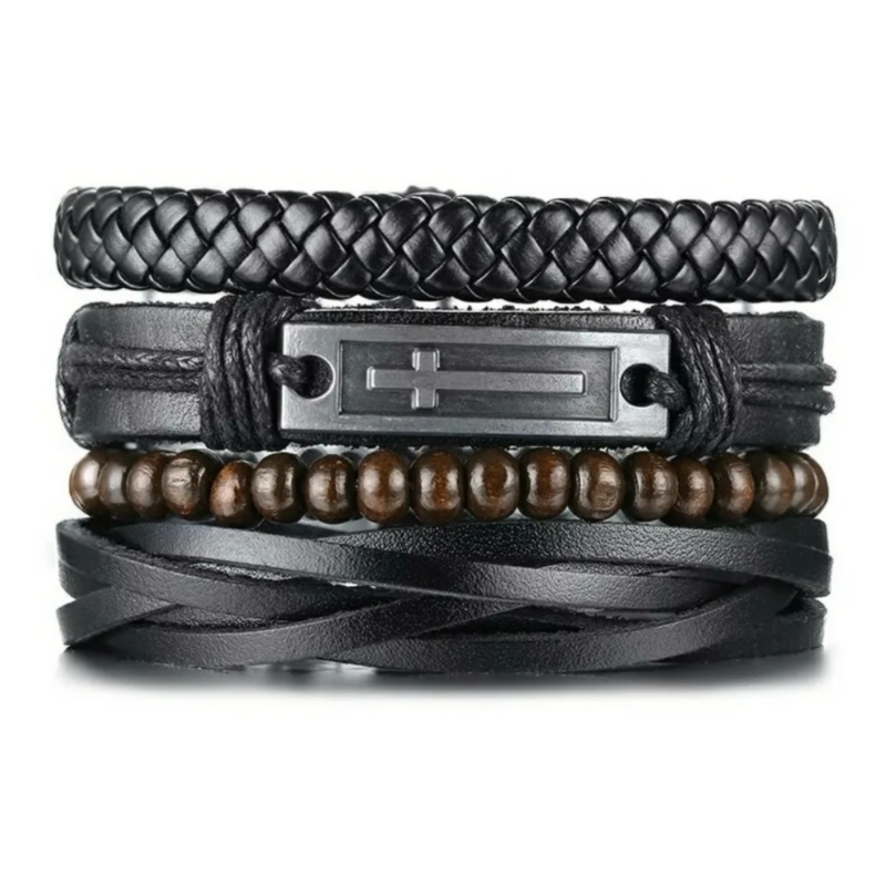 Foto 2 pulgar | Set de Pulseras de Cuero Negro para Hombre- Venta Internacional