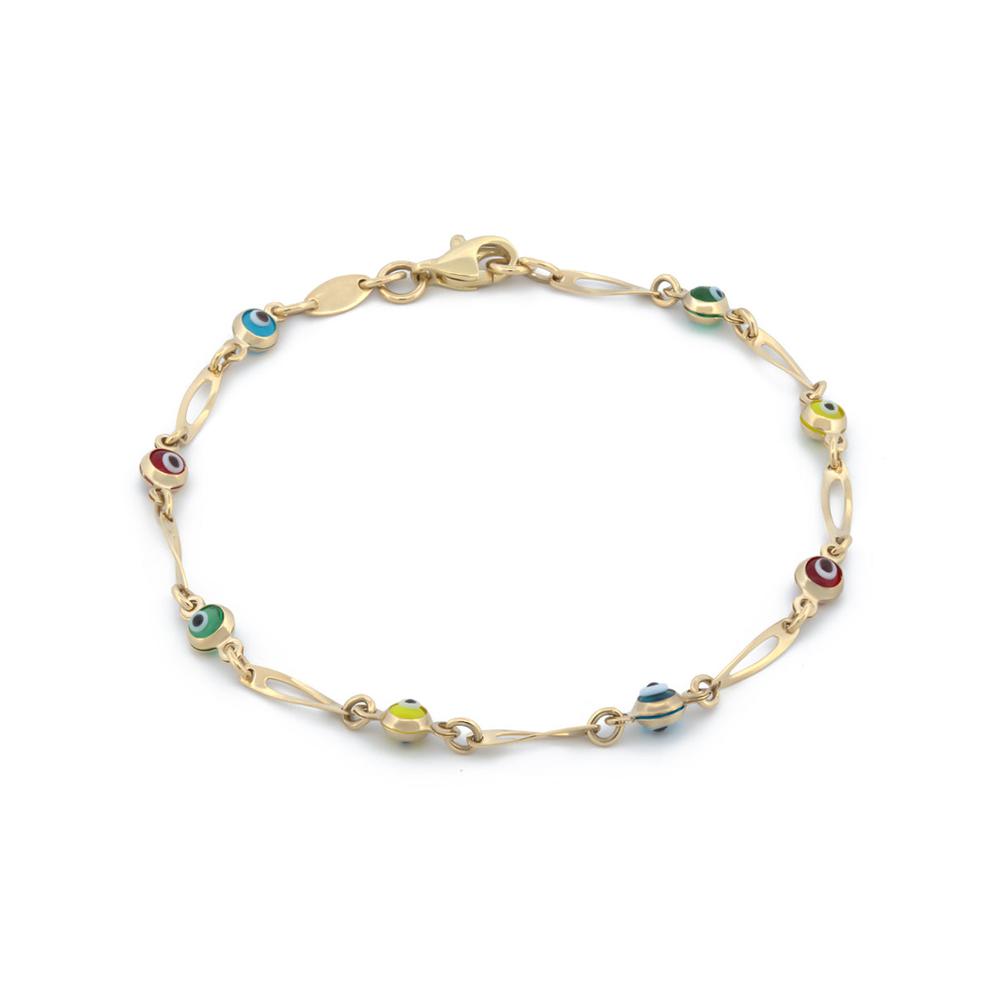 Pulsera Ojitos Colores Y Eslabones Oro Sólido 10k