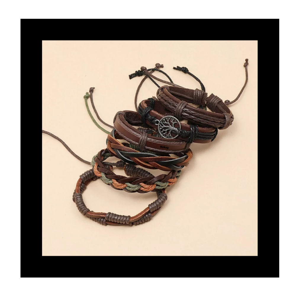 Foto 4 pulgar | Brazalete De Hombre Cuero Vintage Set De 6 Dije Árbol, Color Café Belug