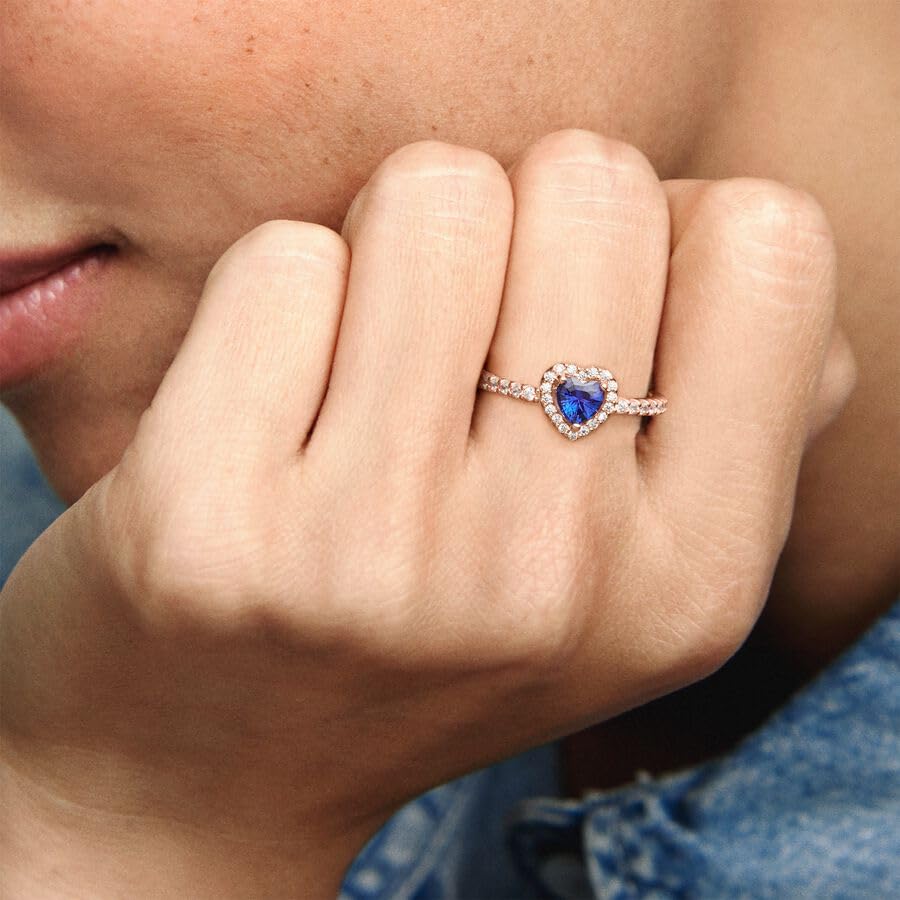 Foto 7 pulgar | Anillo Pandora Con Forma De Corazón Elevado, Azul Brillante, Oro Rosado De 14 K - Venta Internacional.