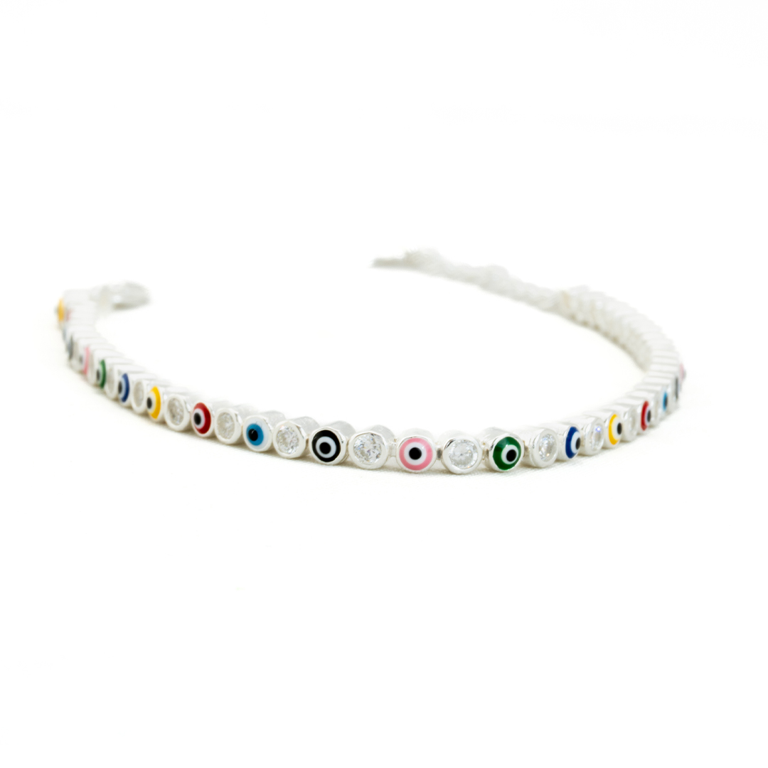Foto 5 pulgar | Pulsera Artesanal De Plata Otras Manos Con Ojos Multicolor De Zirconia