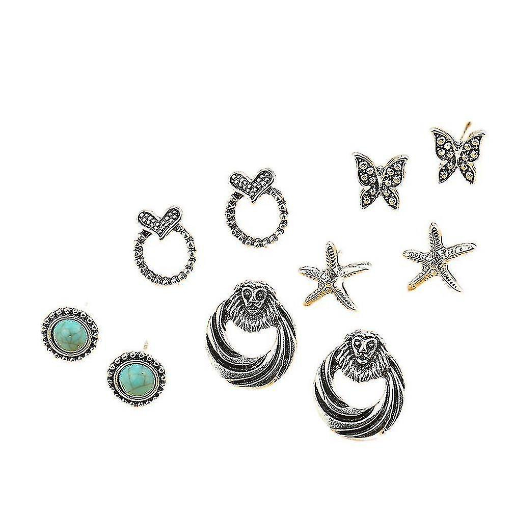 Foto 2 pulgar | Juego De Pendientes De Plata Envejecida Con Forma De Estrella Pentagrama Del Amor Para Uso Diario - Venta Internacional.