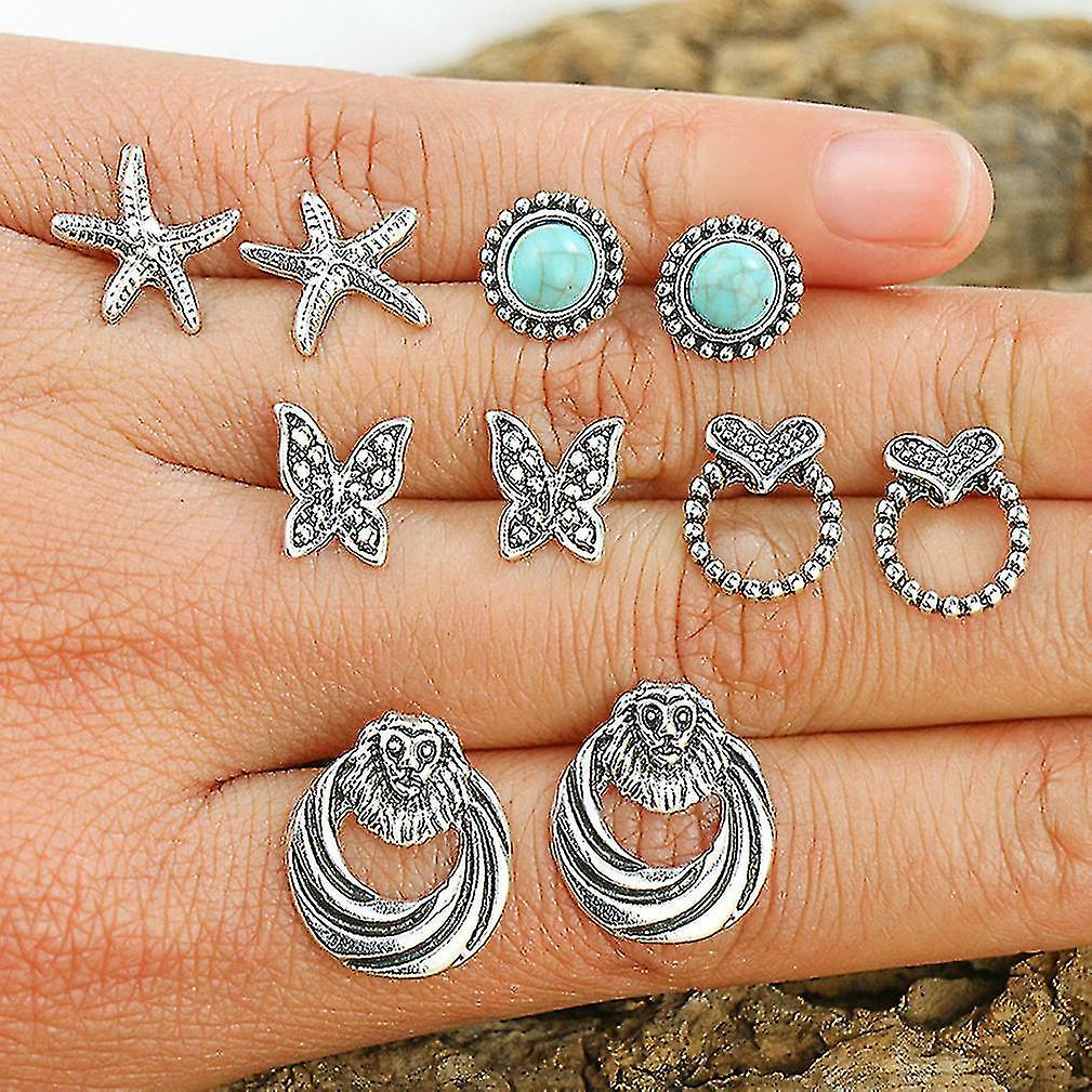 Foto 3 pulgar | Juego De Pendientes De Plata Envejecida Con Forma De Estrella Pentagrama Del Amor Para Uso Diario - Venta Internacional.