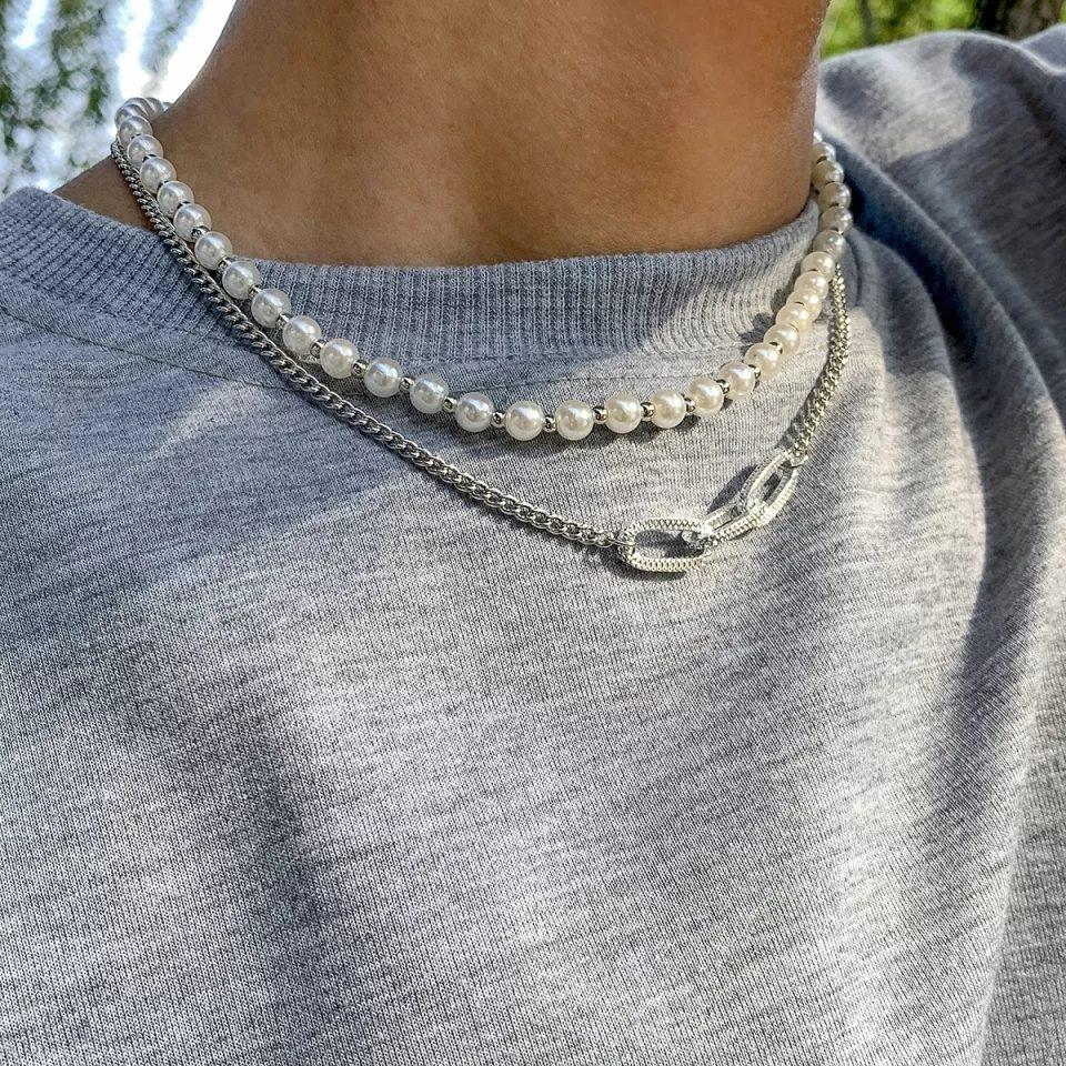 Foto 4 pulgar | Collar de Perlas y Cadena Plateada