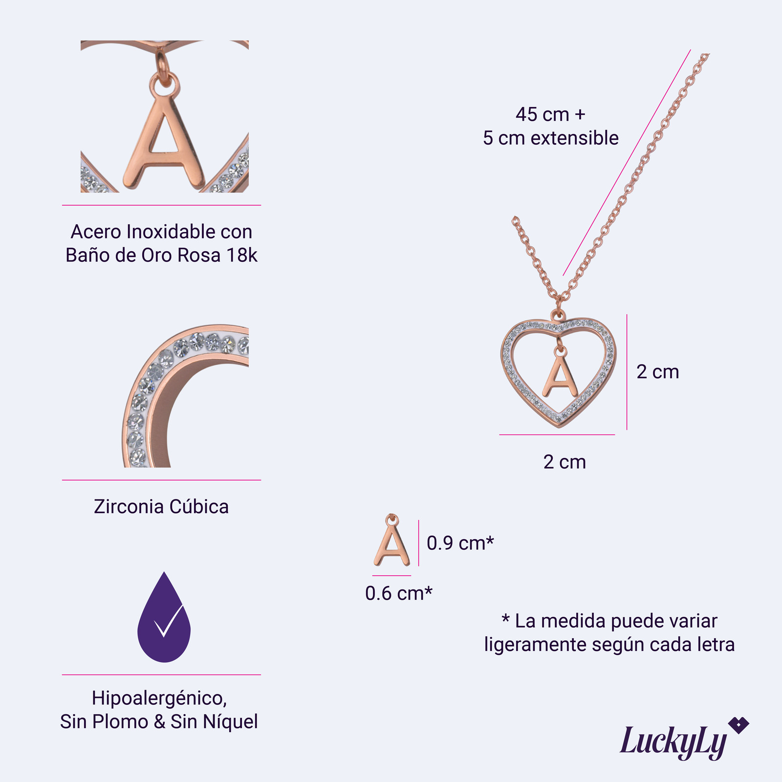 Foto 5 | Collar LuckyLy CV46-M color Rosa con Baño de Oro 18k y Zirconia Cúbica - Corazón y Letra M