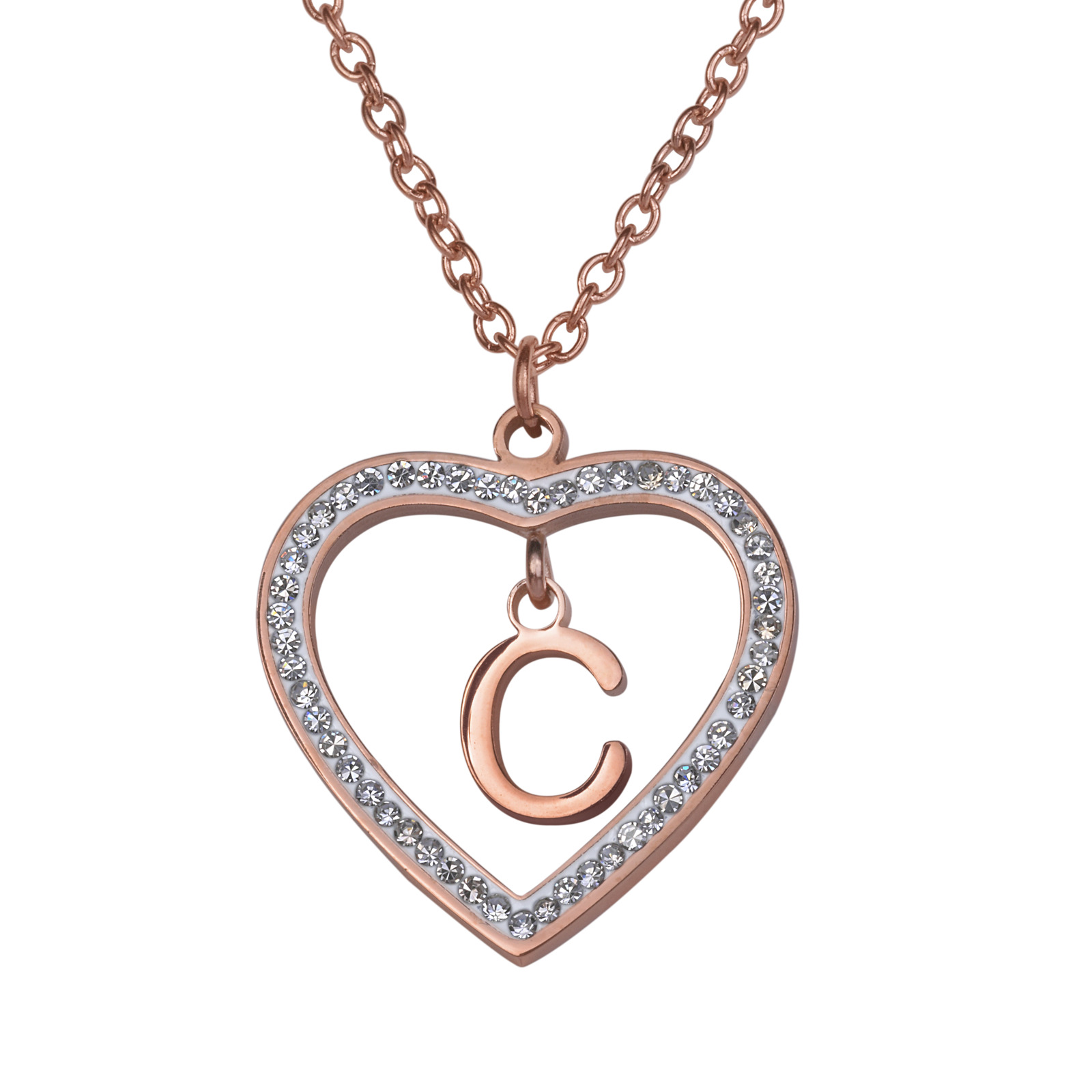 Collar LuckyLy CV46-C color Rosa con Baño de Oro 18k y Zirconia Cúbica - Corazón y Letra C