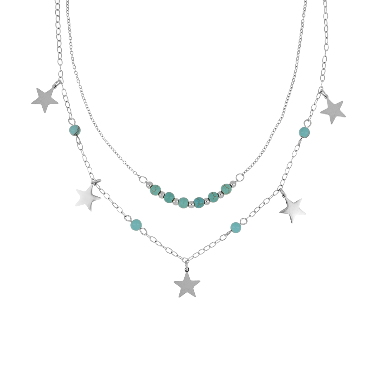 Collar de Acero Inoxidable Joyas Plafer 1394c-p Plateado Doble Cadena con Piedras color Azul y Estrellas