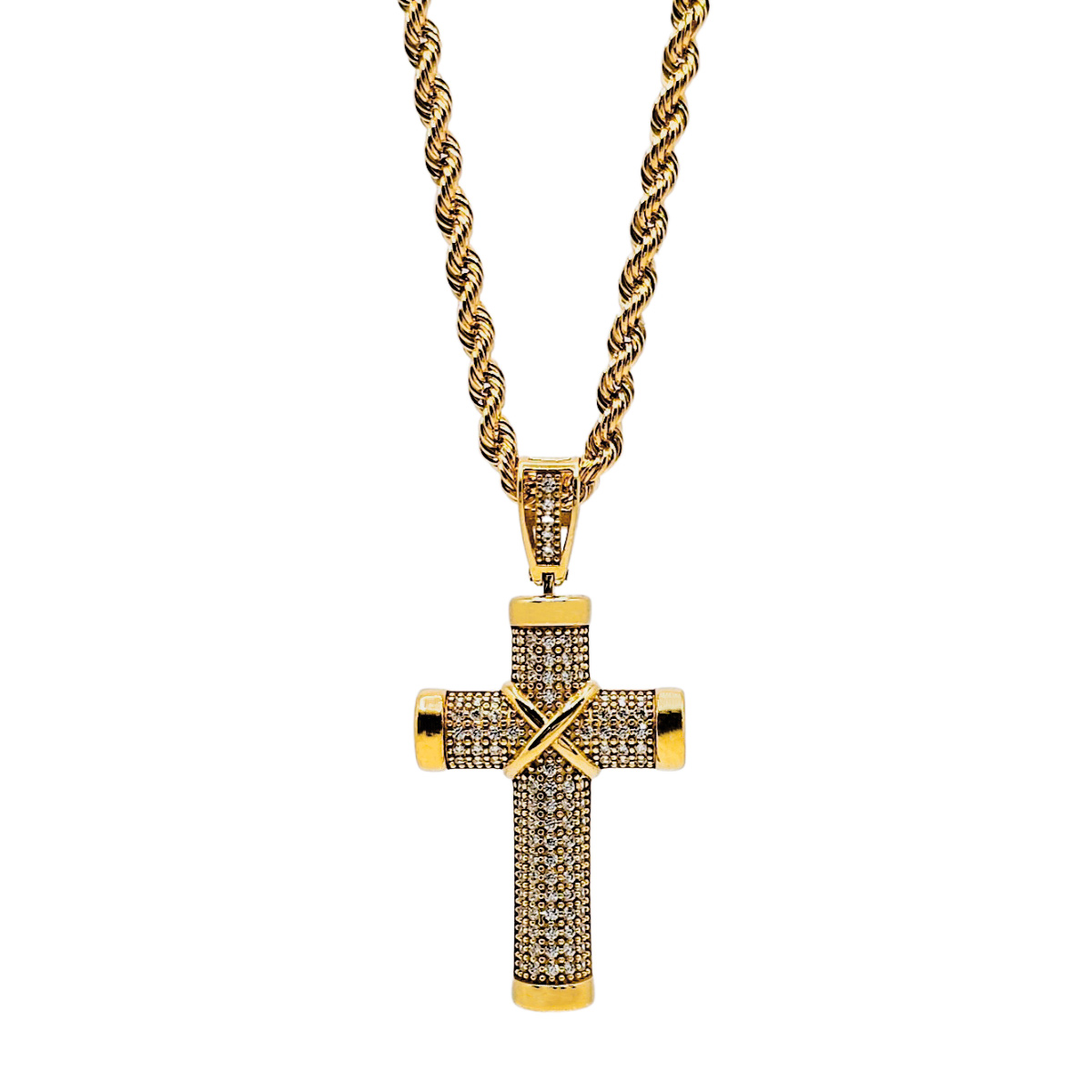 Cadena de Cruz Crixus Joyería Oro 10K Torzal Piedra Zirconia para Hombre