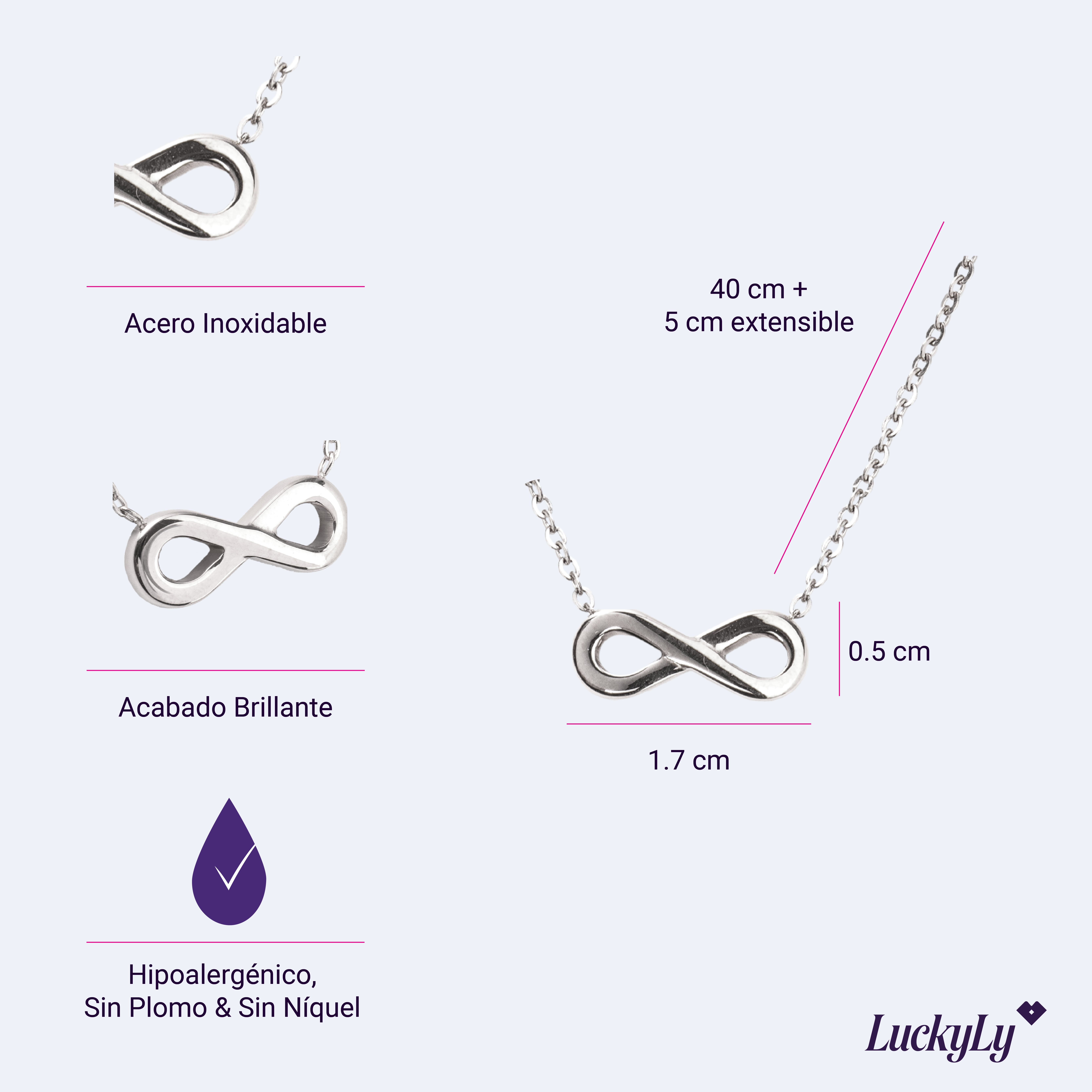 Foto 6 pulgar | Collar de Mujer Cadena con Dije Infinito Luckyly, Modelo Eva Plata