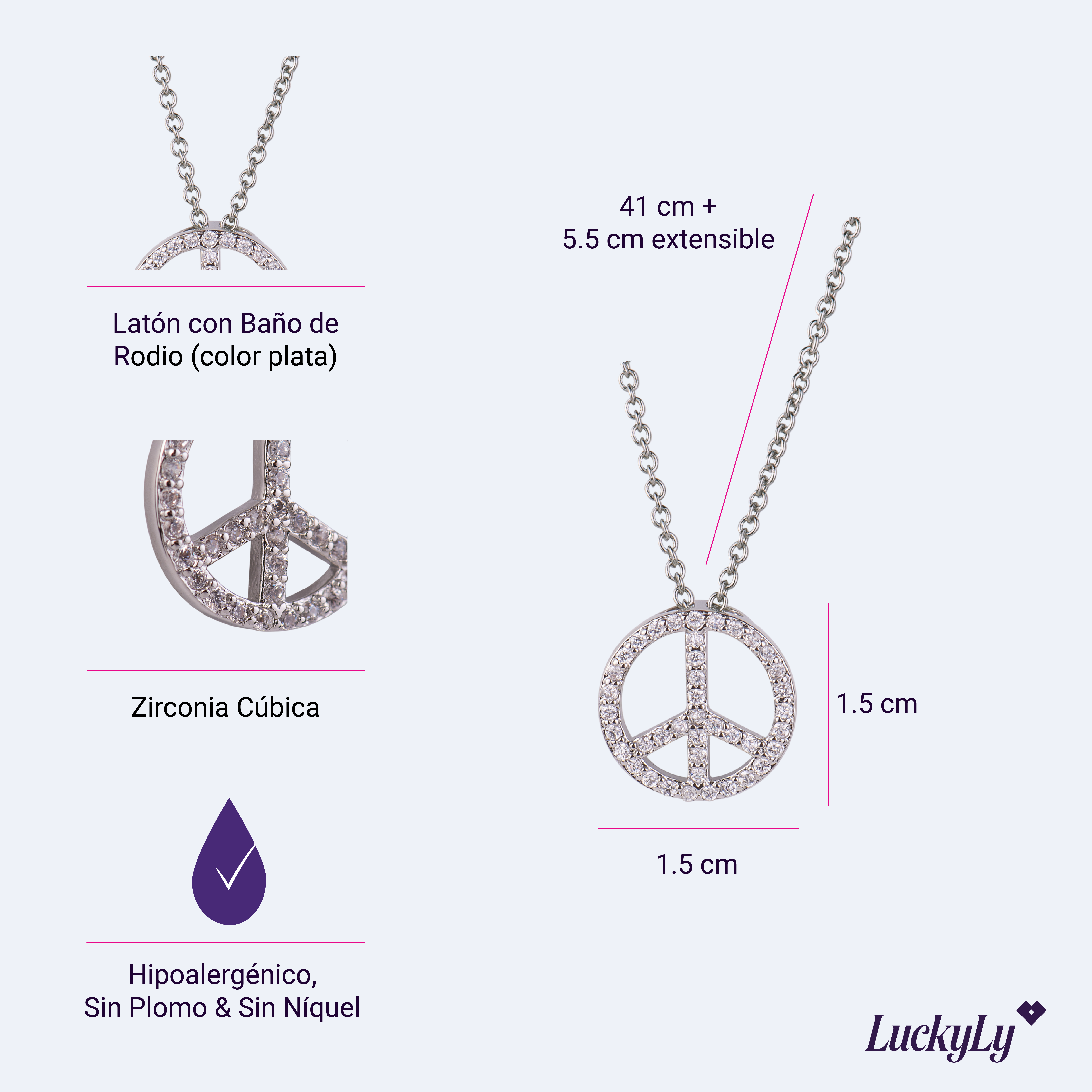 Foto 6 | Collar con Dije de Peace & Love LuckyLy Plateado para Mujer