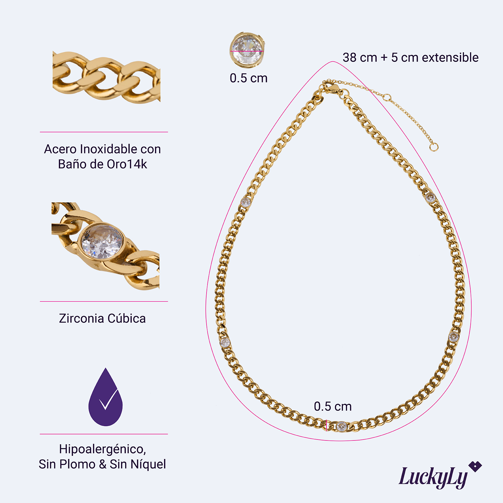 Foto 5 | Cadena Para Mujer Con Zirconia Cúbica Luckyly, Modelo Kary, Color Oro