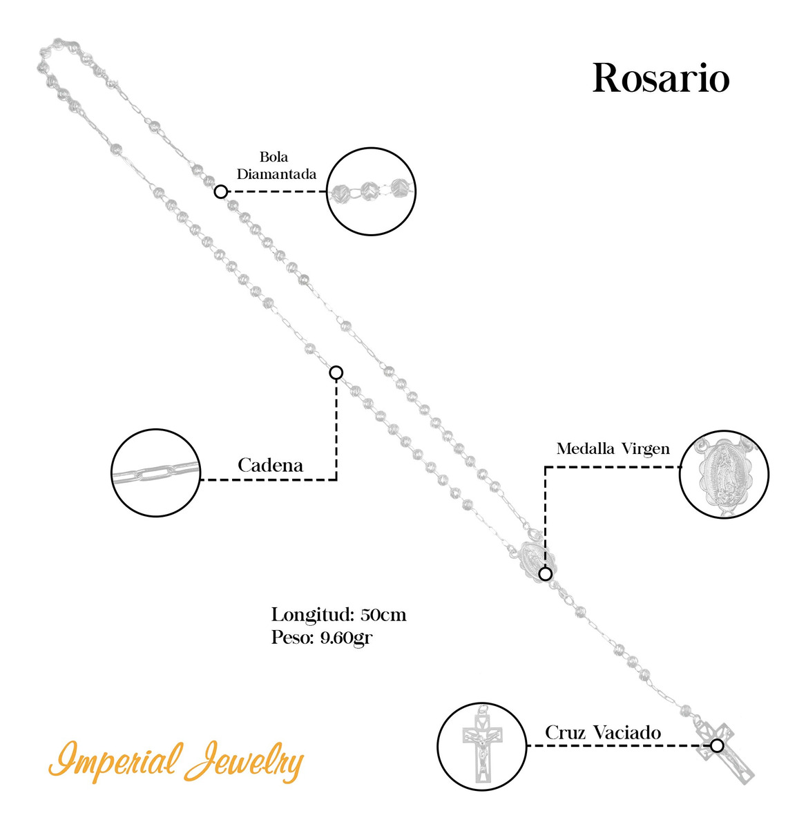 Foto 7 | Rosario De Plata Ley 925 Con Bola Diamantada De 50 Cm