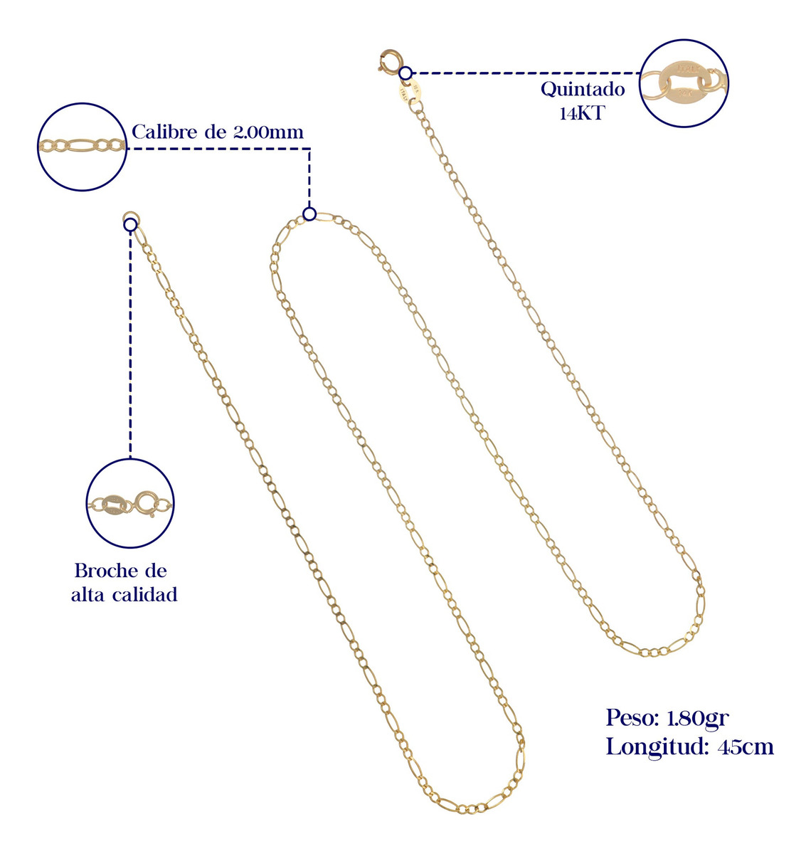 Foto 3 | Cadena Italiana Figaro Solida De 14 Quilates 2mm, 45 Cm