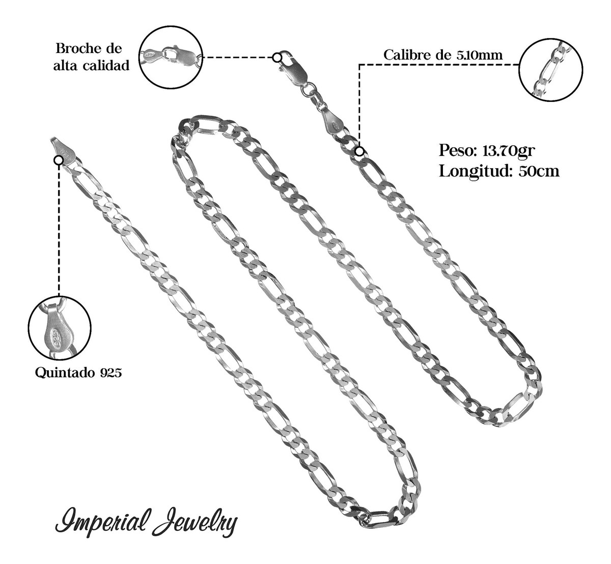 Foto 4 | Cadena De Plata 925 Figaro De 50cm Calibre 5.1mm 4 Colores