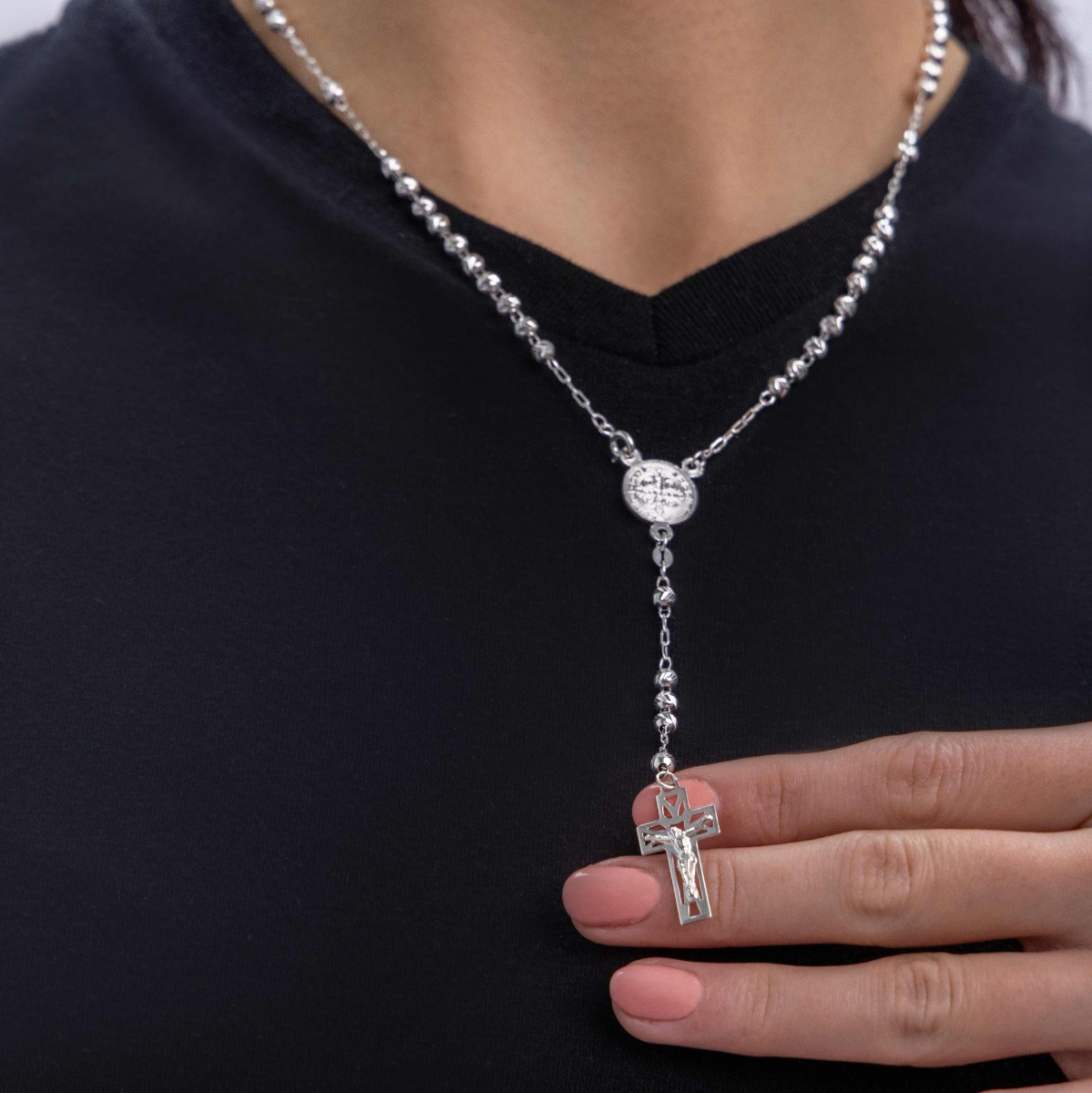 Foto 4 pulgar | Rosario De Plata Ley 925 Con Bola Diamantada De 45 Cm