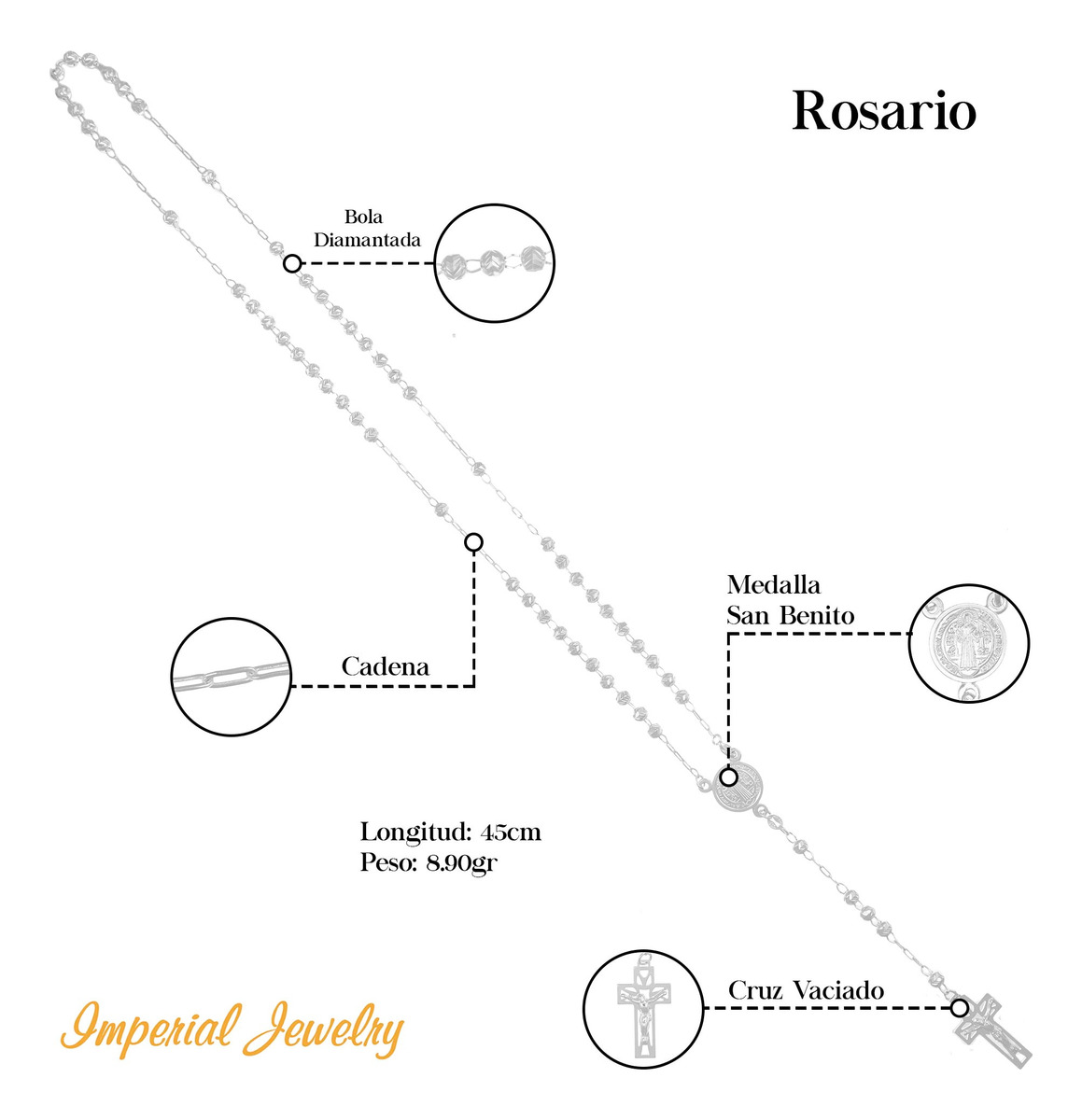 Foto 4 | Rosario De Plata Ley 925 Con Bola Diamantada De 45 Cm