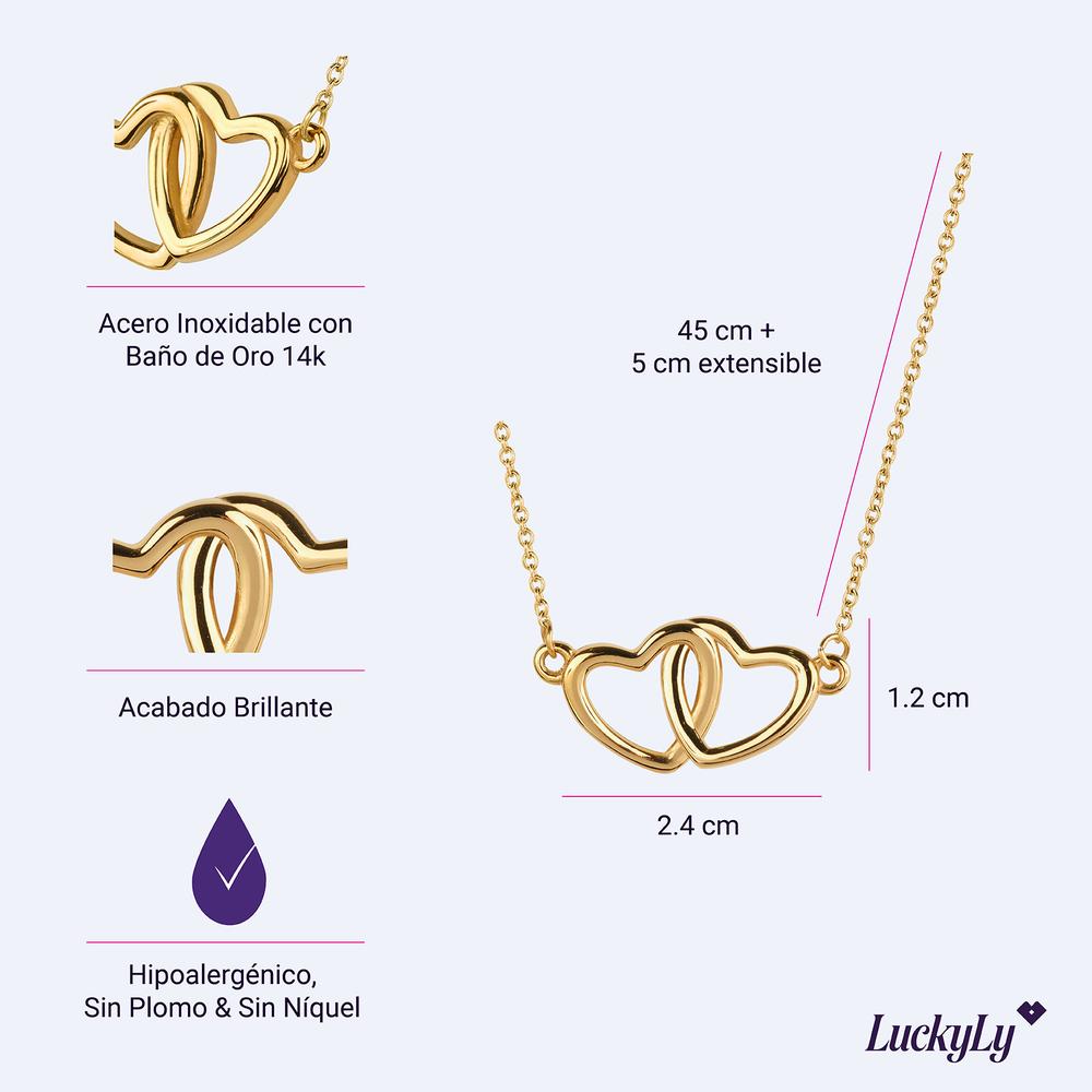 Foto 6 pulgar | Collares Para Mujer De Corazón Doble, Acero Inoxidable Baño Oro Rosa 14k, Oro 14k O Plata, Cadena Y Dije Luckyly