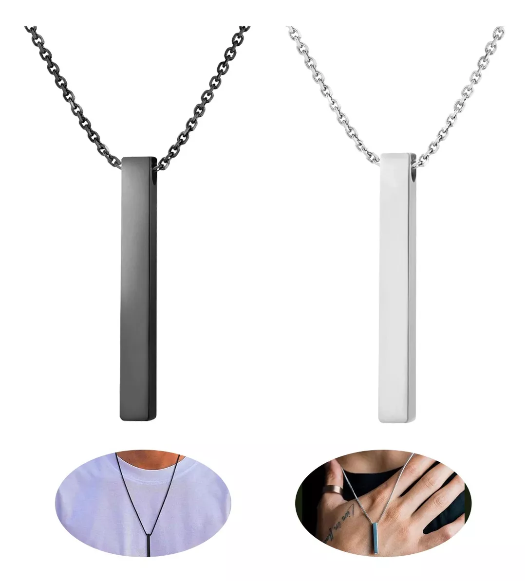 Foto 4 pulgar | Collar Acero Inoxidable Dije Rectangular Hombre Y Mujer 2 Pzs Negro/plata