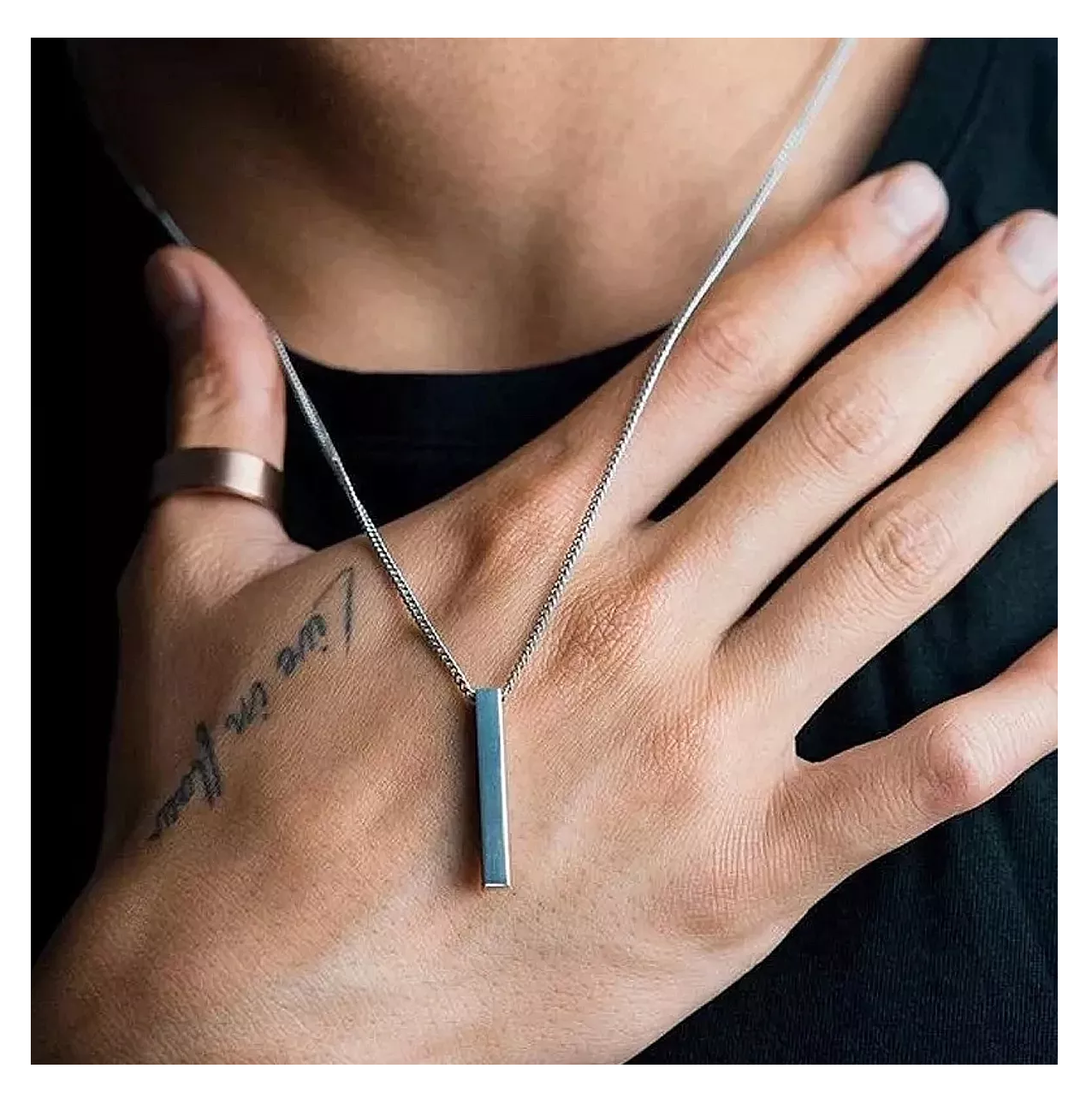 Foto 5 pulgar | Collar Acero Inoxidable Dije Rectangular Hombre Y Mujer 2 Pzs Negro/plata