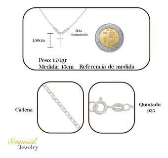 Foto 2 | Collar De Cruz De Plata 925 Con Bola Diamantada De 45 Cm