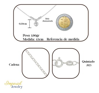 Foto 2 | Collar De Corazon De Plata 925 Con Bola Diamantada De 45 Cm