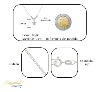 Foto 2 | Collar De Estrella De Plata 925 Con Bola Diamantada De 45 Cm