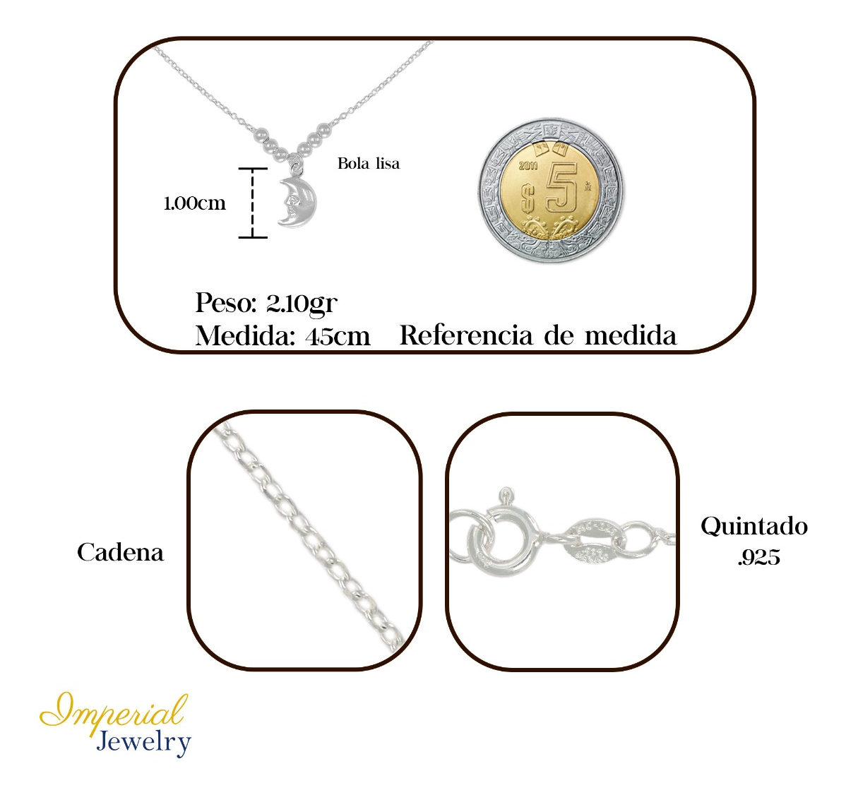 Foto 3 pulgar | Collar De Luna De Plata 925 Con Bola Diamantada De 45 Cm