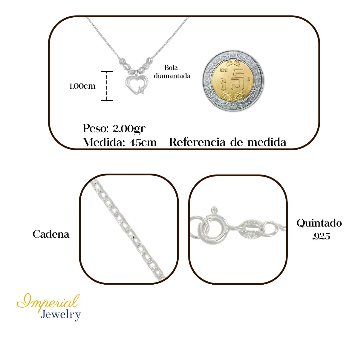 Foto 3 pulgar | Collar De Corazon De Plata 925 Con Bola Diamantada De 45 Cm