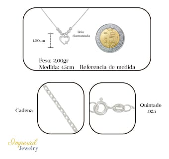 Foto 2 | Collar De Corazon De Plata 925 Con Bola Diamantada De 45 Cm
