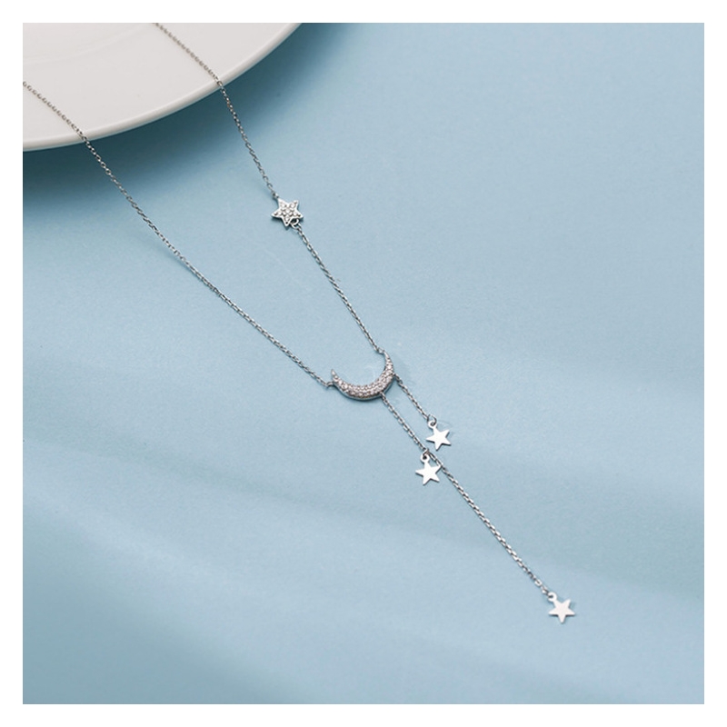 Foto 4 pulgar | Collar De Plata 925 Con Incrustaciones De Diamantes En Forma De Estrella Y Luna - Venta Internacional.