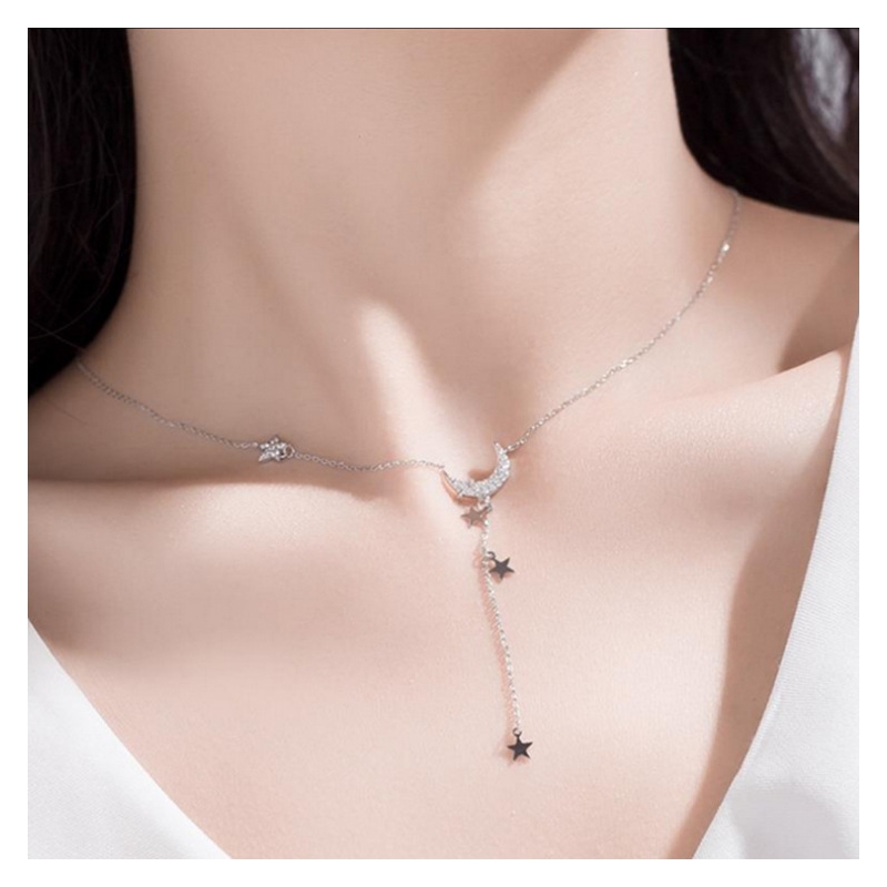 Foto 5 pulgar | Collar De Plata 925 Con Incrustaciones De Diamantes En Forma De Estrella Y Luna - Venta Internacional.
