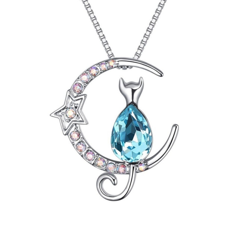 Foto 2 pulgar | Collar De Plata Swarovski 925 Con Forma De Luna Con Forma De Gatito Y Cadena De 45 Cm - Venta Internacional.