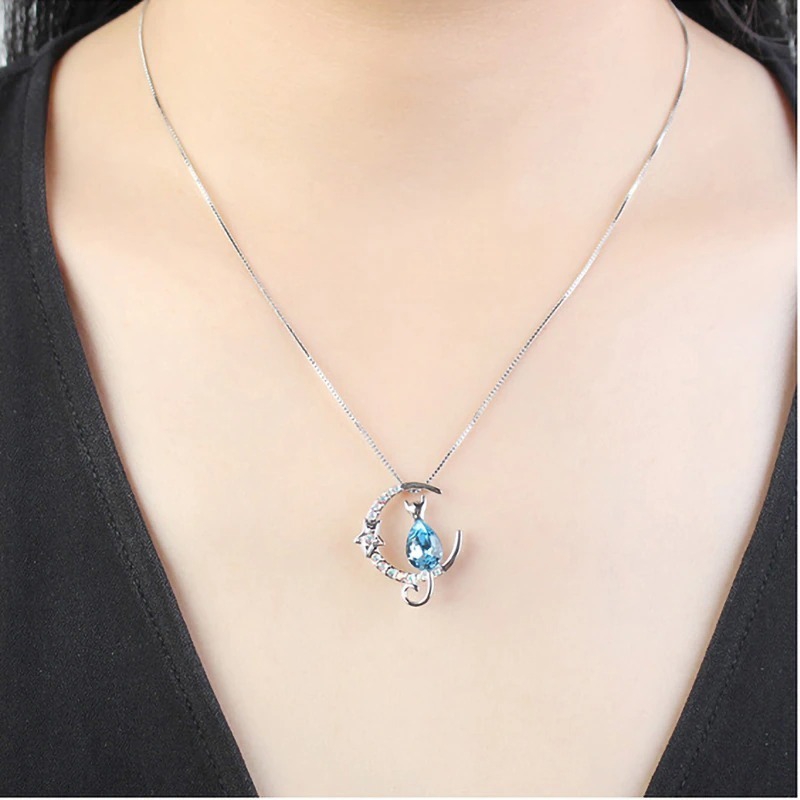 Foto 3 pulgar | Collar De Plata Swarovski 925 Con Forma De Luna Con Forma De Gatito Y Cadena De 45 Cm - Venta Internacional.