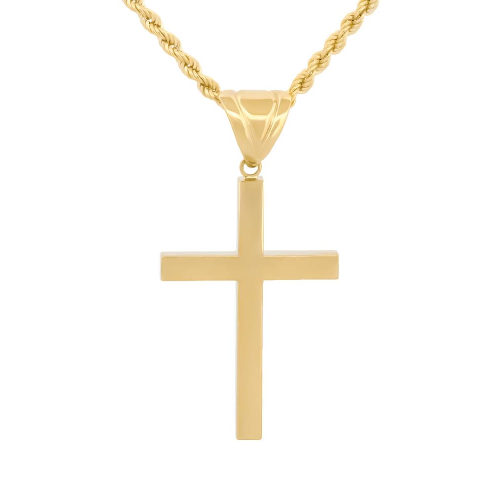 Cadena Y Dije Cruz Lisa 3.0 Cm Oro Sólido 10k