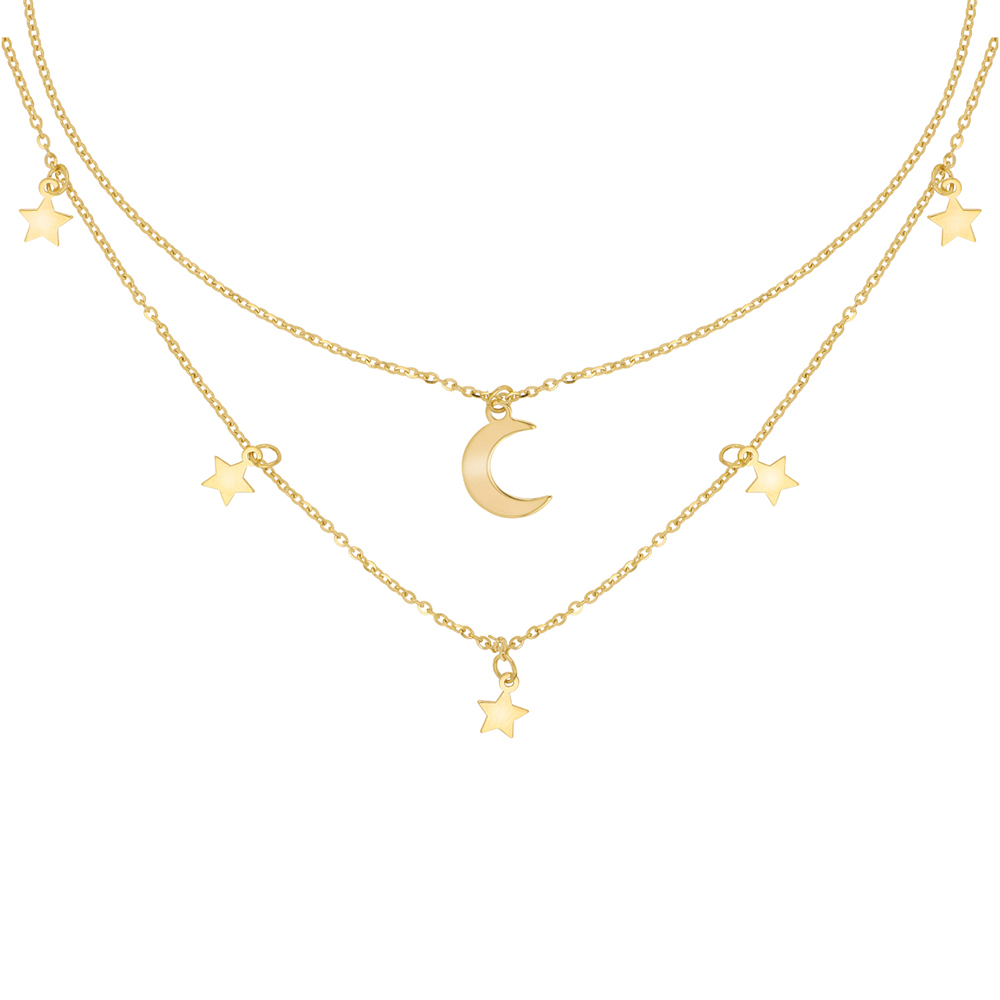 Gargantilla Zekie 7156 Oro 10k Amarillo 45 Cms Doble Con Estrellas Y Media Luna
